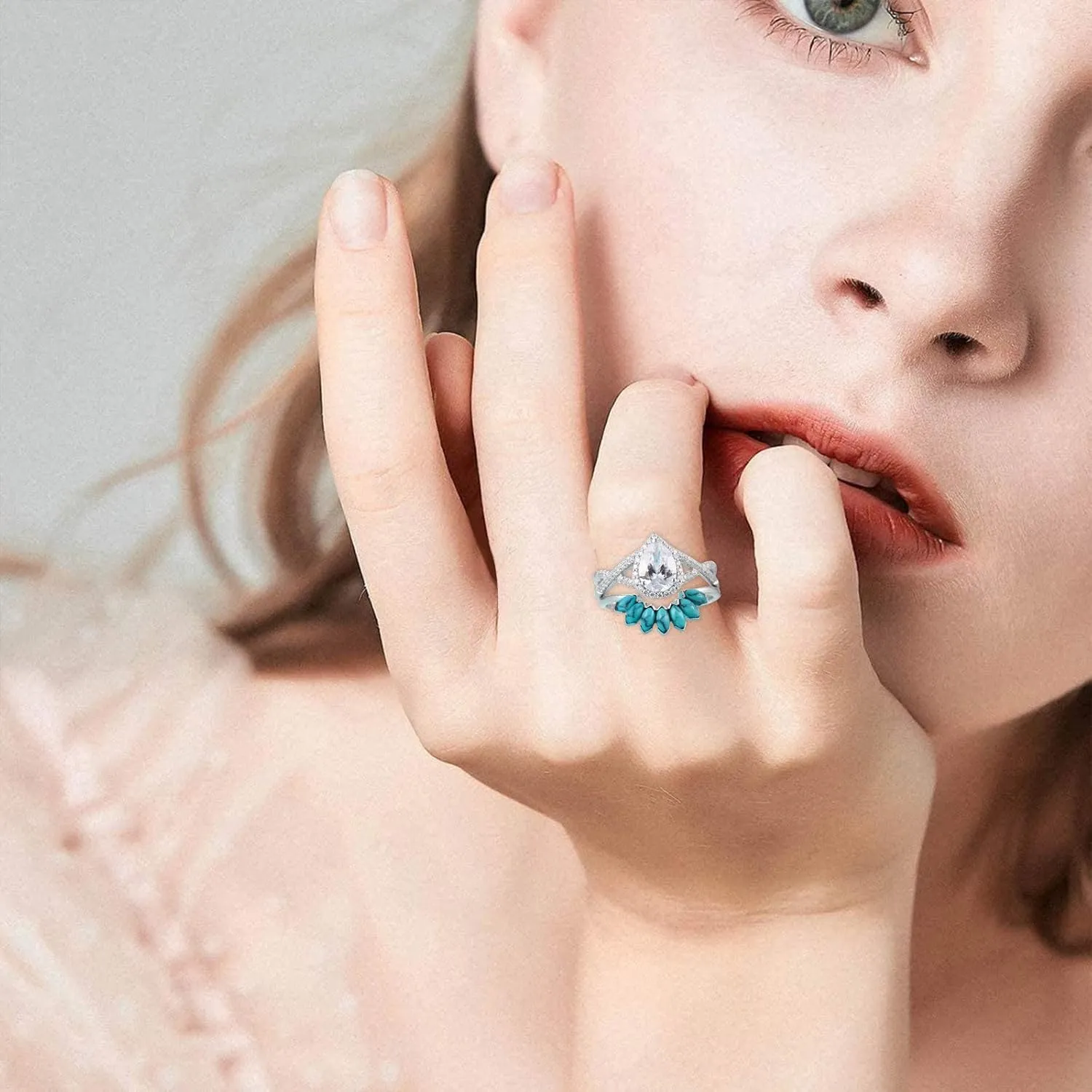2 in 1 Turquoise Eternal Ring for Women Teardrop Shape Zircon Wedding Band Simulated Diamond Engagement Ring (Silver, 8)