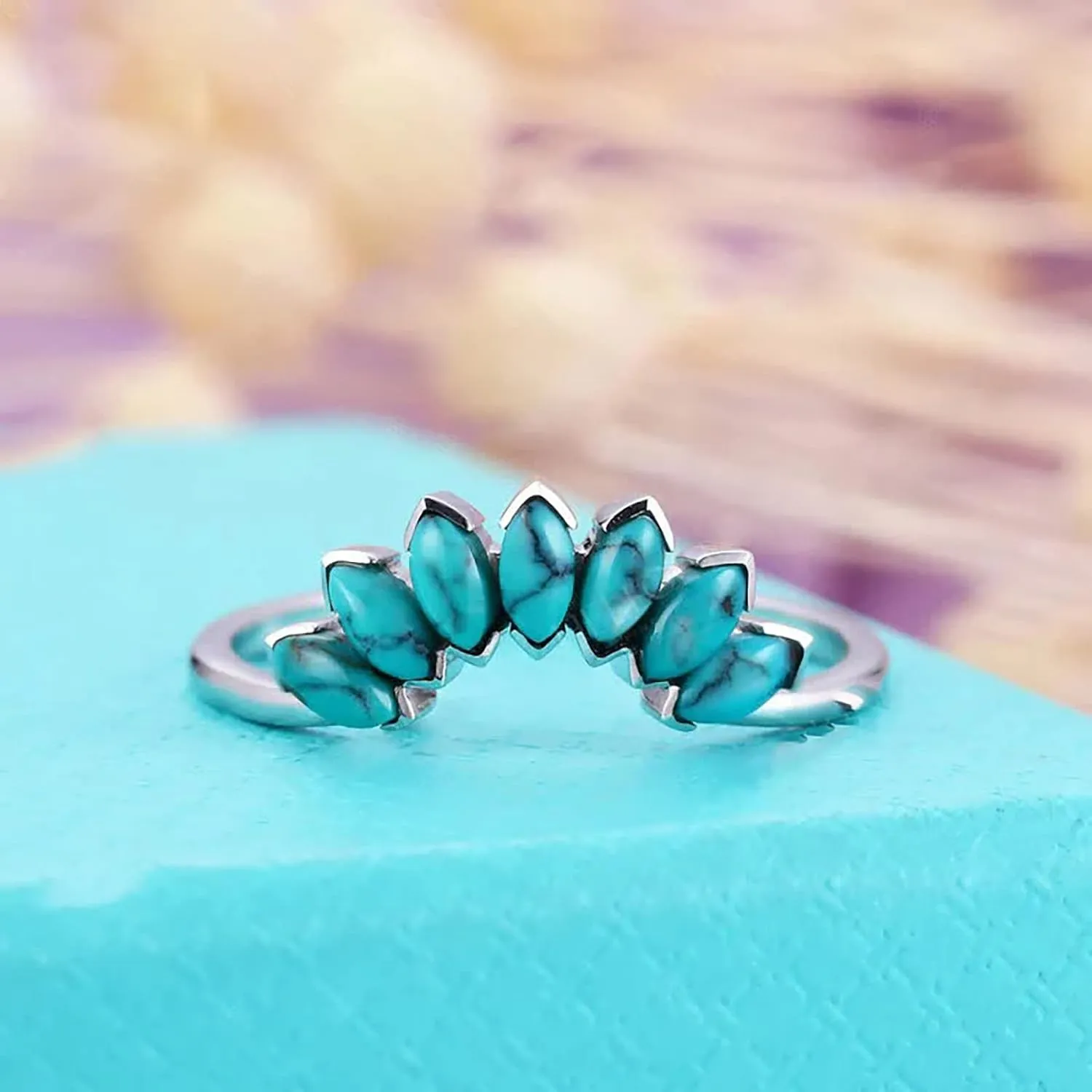 2 in 1 Turquoise Eternal Ring for Women Teardrop Shape Zircon Wedding Band Simulated Diamond Engagement Ring (Silver, 8)