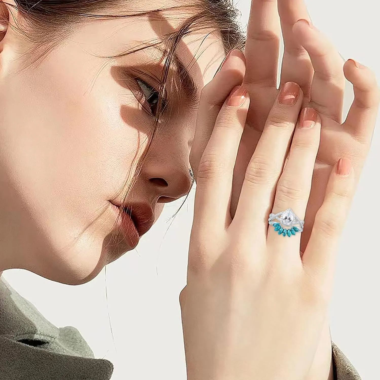 2 in 1 Turquoise Eternal Ring for Women Teardrop Shape Zircon Wedding Band Simulated Diamond Engagement Ring (Silver, 8)