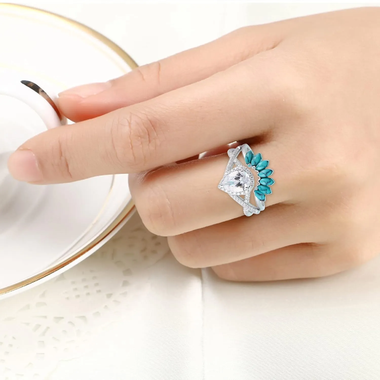 2 in 1 Turquoise Eternal Ring for Women Teardrop Shape Zircon Wedding Band Simulated Diamond Engagement Ring (Silver, 8)