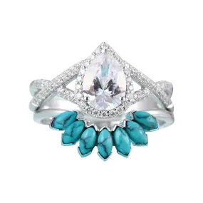2 in 1 Turquoise Eternal Ring for Women Teardrop Shape Zircon Wedding Band Simulated Diamond Engagement Ring (Silver, 8)