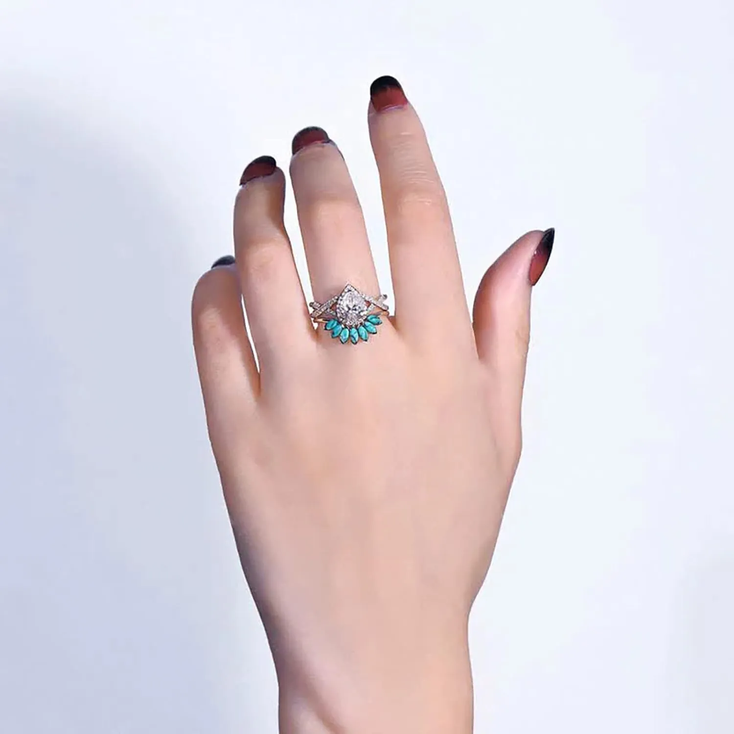 2 in 1 Turquoise Eternal Ring for Women Teardrop Shape Zircon Wedding Band Simulated Diamond Engagement Ring (Silver, 8)