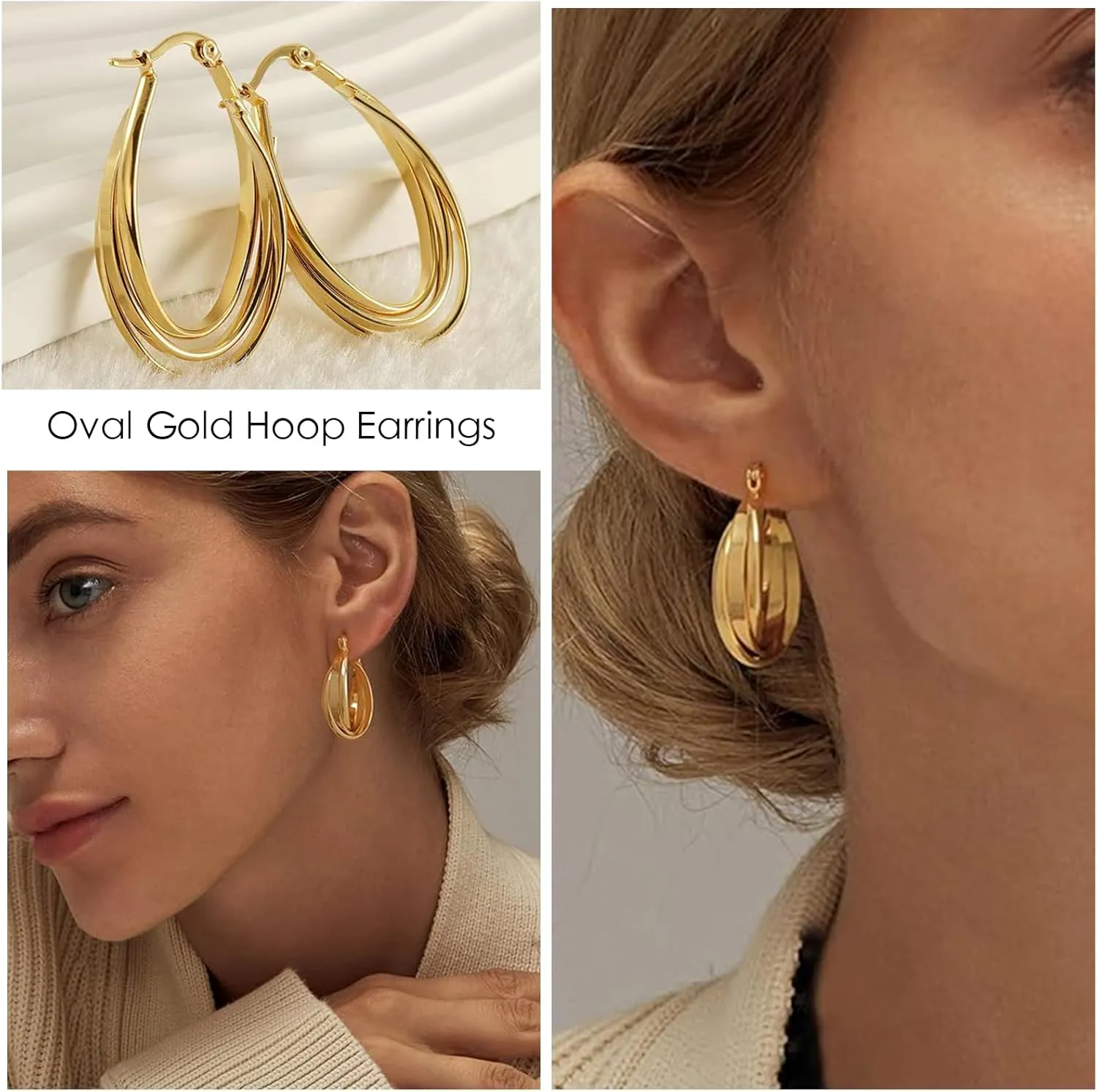 2 Pairs Gold/Silver Hoop Earrings For Women Set Trendy,14K Plated Gold Chunky Huggie Hoop Earings Pack,Oval Twisted Statement Silver Hoops,Fashion Jewelry Gift