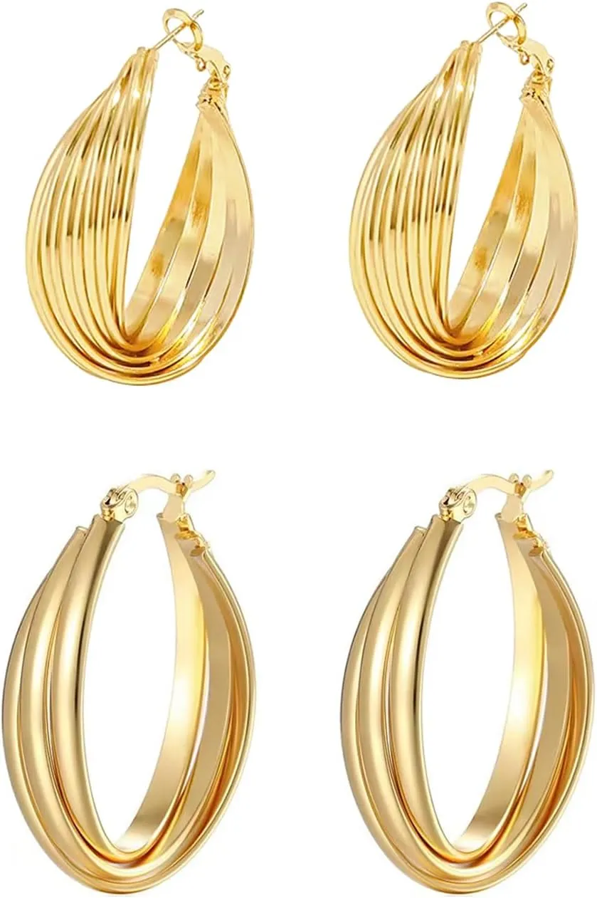 2 Pairs Gold/Silver Hoop Earrings For Women Set Trendy,14K Plated Gold Chunky Huggie Hoop Earings Pack,Oval Twisted Statement Silver Hoops,Fashion Jewelry Gift