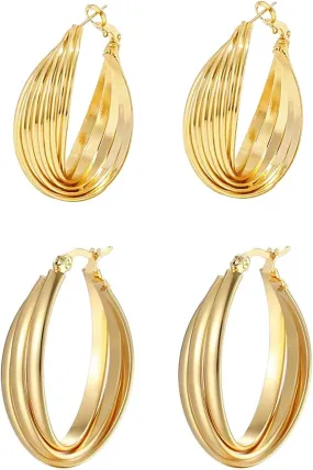 2 Pairs Gold/Silver Hoop Earrings For Women Set Trendy,14K Plated Gold Chunky Huggie Hoop Earings Pack,Oval Twisted Statement Silver Hoops,Fashion Jewelry Gift