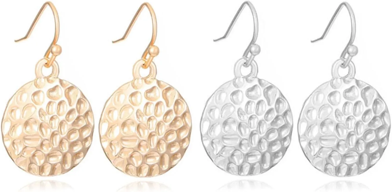 2 Pairs Lightweight Minimalist Round Circle Disc Geometric Flat Brushed Drop Earrings for Women Minimalist Jewelry