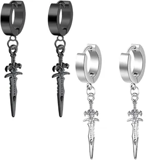2 Pairs Men's Hypoallergenic Stainless Steel Sword Drop Dangle Huggie Hoop Earrings for women men,Titanium Steel Dainty Animal Cross Dagger Charm Huggy Hoop Male Cartilage Tassel Earrings Set Jewelry