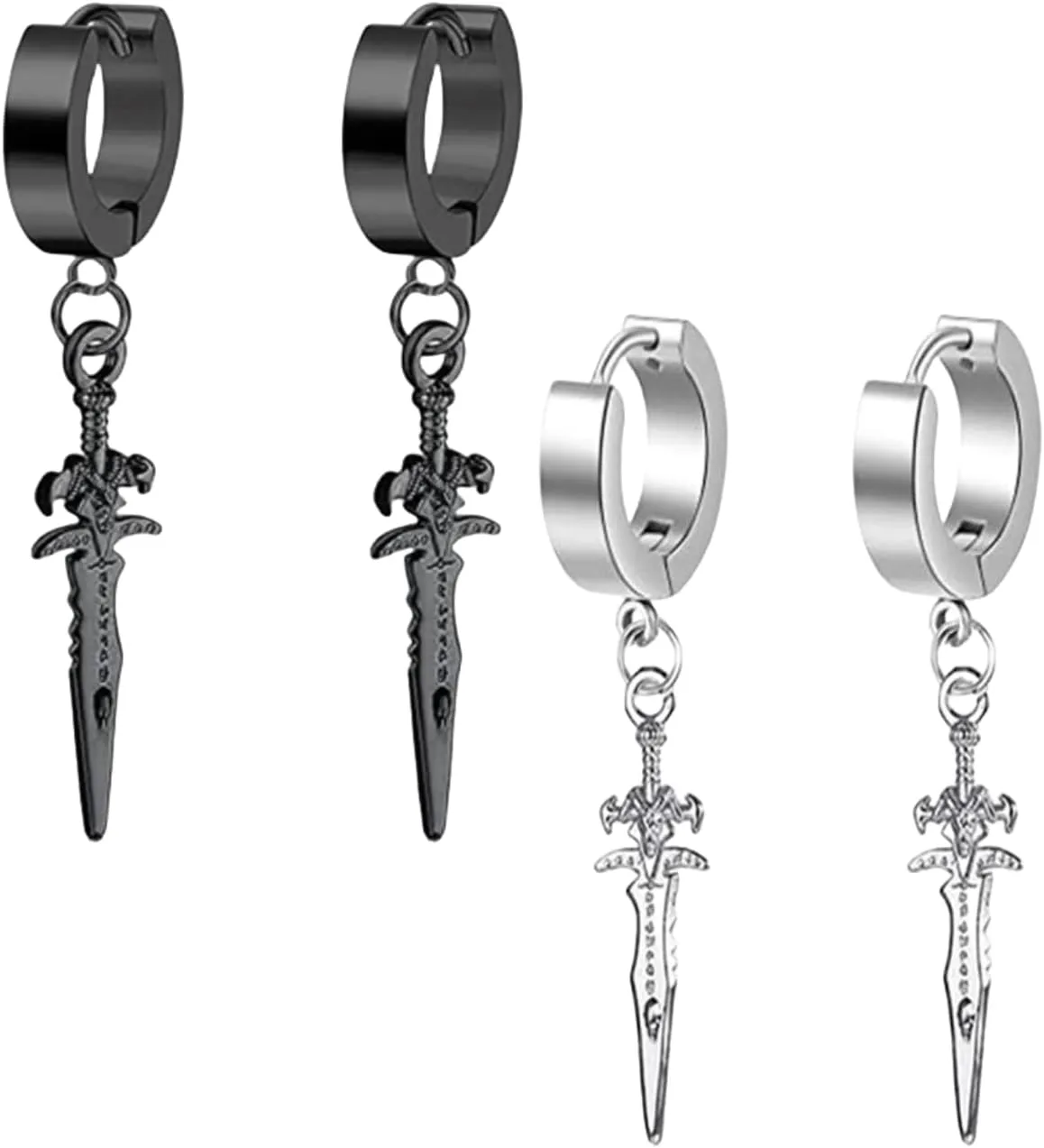 2 Pairs Men's Hypoallergenic Stainless Steel Sword Drop Dangle Huggie Hoop Earrings for women men,Titanium Steel Dainty Animal Cross Dagger Charm Huggy Hoop Male Cartilage Tassel Earrings Set Jewelry