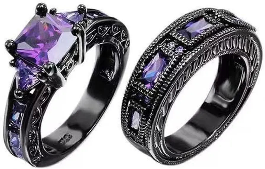 2 PCS Black Plated Princess Purple Amethyst Cut Cubic Zirconia Engagement Anniversary Wedding Bridal Ring Set