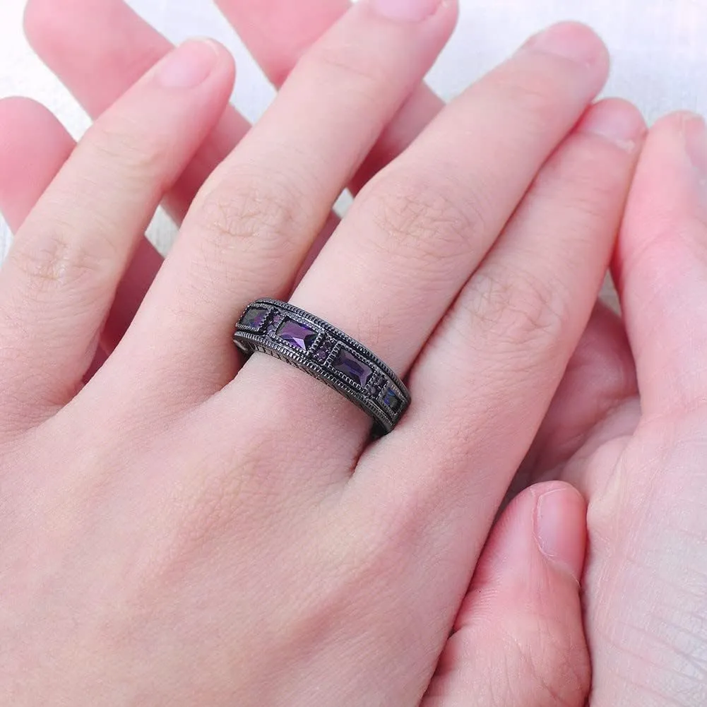 2 PCS Black Plated Princess Purple Amethyst Cut Cubic Zirconia Engagement Anniversary Wedding Bridal Ring Set