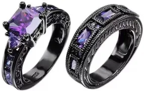 2 PCS Black Plated Princess Purple Amethyst Cut Cubic Zirconia Engagement Anniversary Wedding Bridal Ring Set