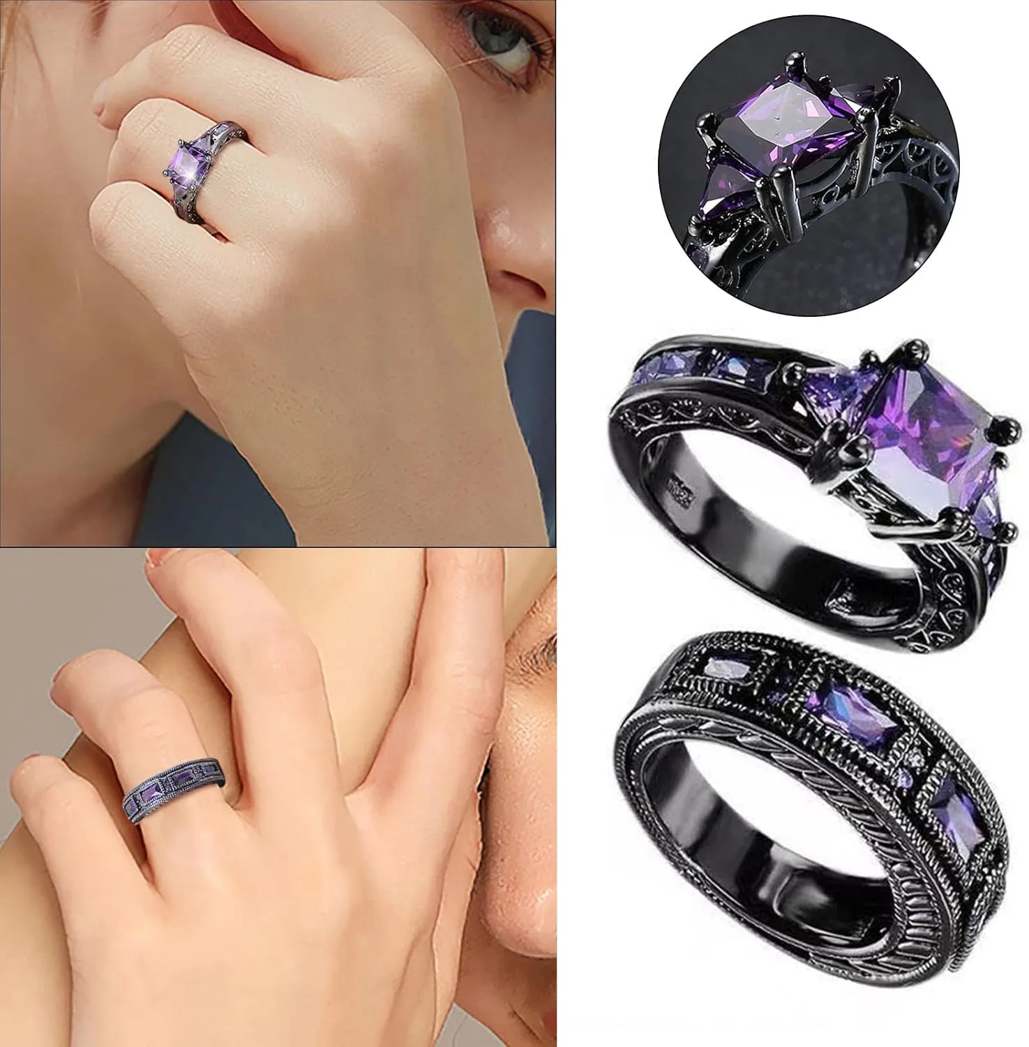 2 PCS Black Plated Princess Purple Amethyst Cut Cubic Zirconia Engagement Anniversary Wedding Bridal Ring Set