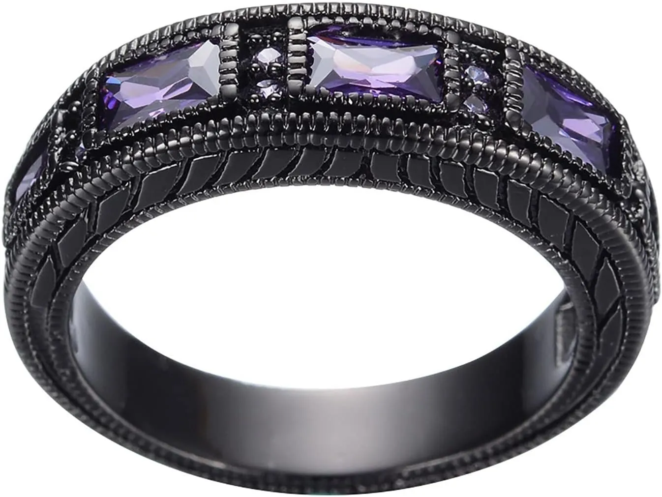 2 PCS Black Plated Princess Purple Amethyst Cut Cubic Zirconia Engagement Anniversary Wedding Bridal Ring Set