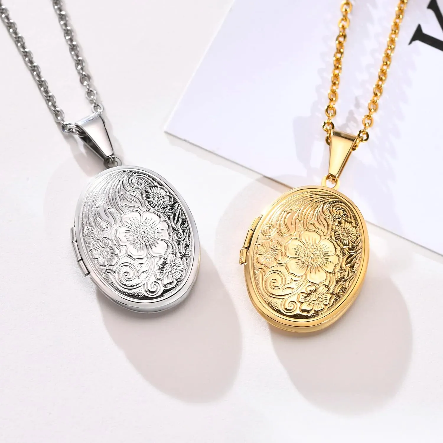 2 Pcs Locket Necklace that Holds Pictures Stainless Steel Locket Pendant Necklace Memory Photo Pendant Necklace for Women Girls