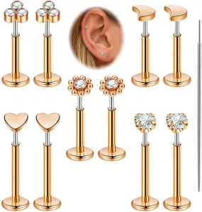 20G 5Pairs 316L Stainless Steel Threadless Stud Earring for Women Hypoallergenic Star Moon Push in Nose Studs Threadless Flat Back Earring Cartilage Helix Tragus Conch Labret Stud Piercing
