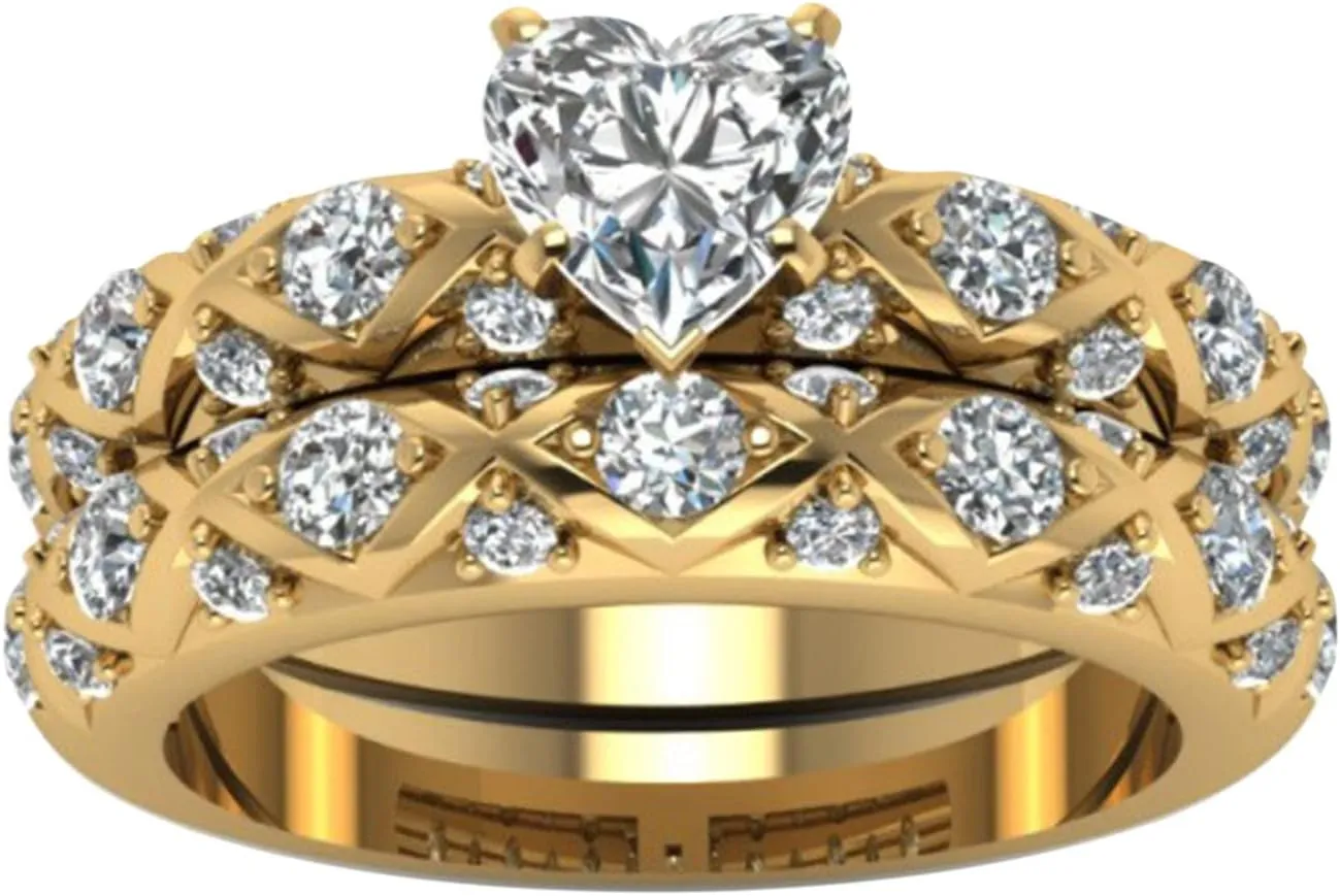 2pc Heart Ring His Hers Couples Rings Women's Yellow Gold Filled White CZ Wedding Engagement Ring Bridal Sets