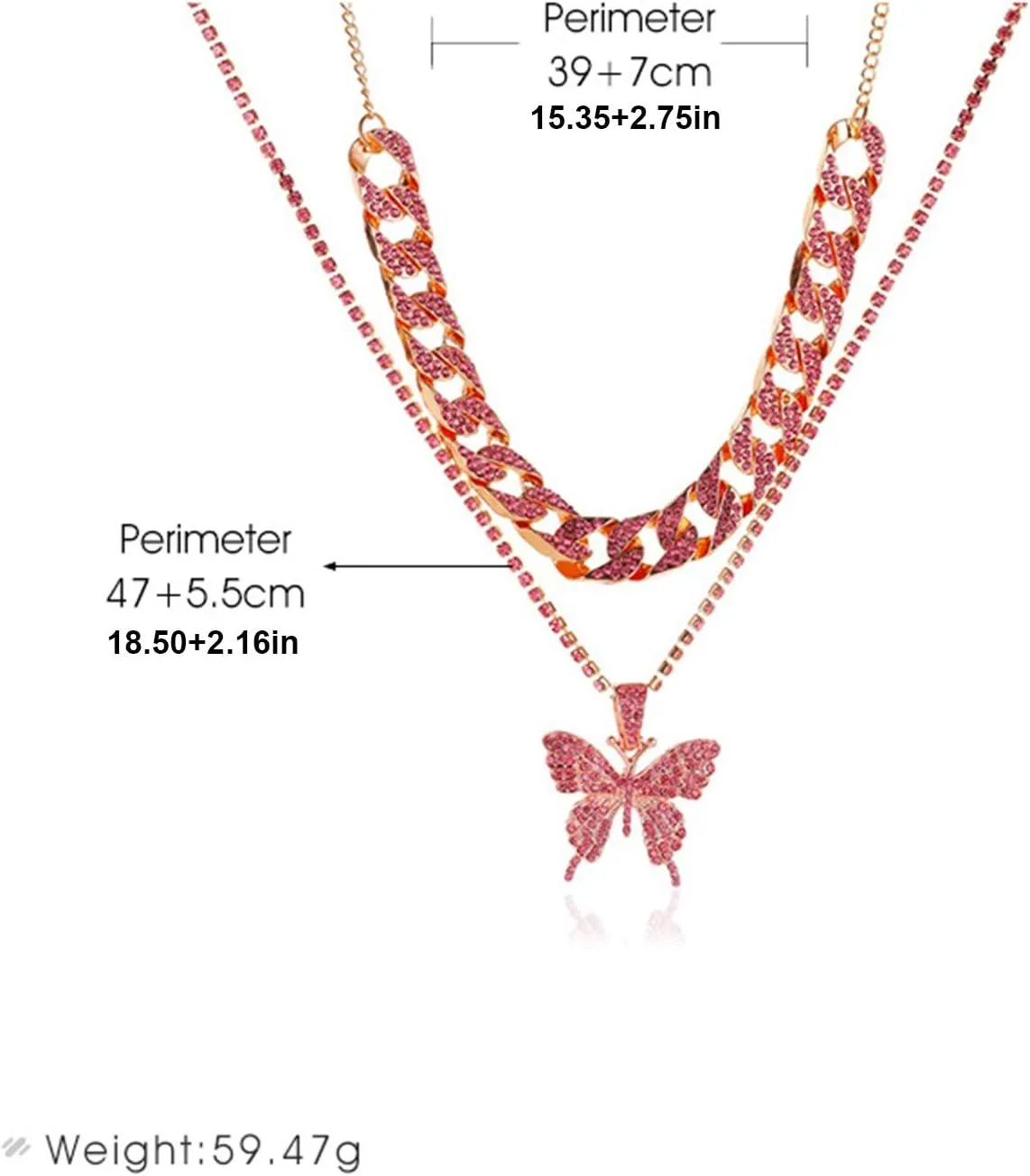 2Pcs Butterfly Pendant Necklace for Womens Curb Cuban Link Chain Inlaid Zircon Punk Layered Necklaces Lady (Silver, One Size)