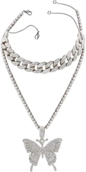 2Pcs Butterfly Pendant Necklace for Womens Curb Cuban Link Chain Inlaid Zircon Punk Layered Necklaces Lady (Silver, One Size)