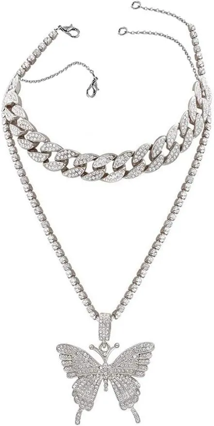 2Pcs Butterfly Pendant Necklace for Womens Curb Cuban Link Chain Inlaid Zircon Punk Layered Necklaces Lady (Silver, One Size)