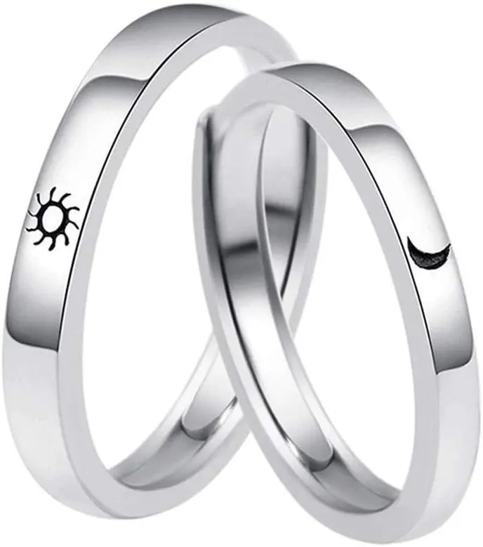 2Pcs Couple Rings Sun Moon Pattern Adjustable Rings Couples Promise Engagement Rings