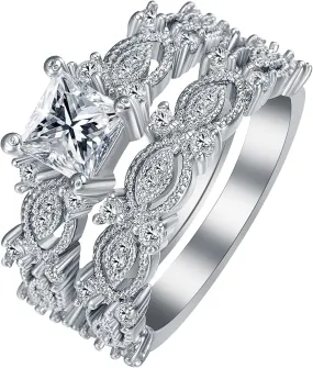 2Pcs Cubic Zirconia Rings Set for Lady Simulated Diamond Engagement Rings Rhinestone Proposal Rings Elegant (Silver, 10)