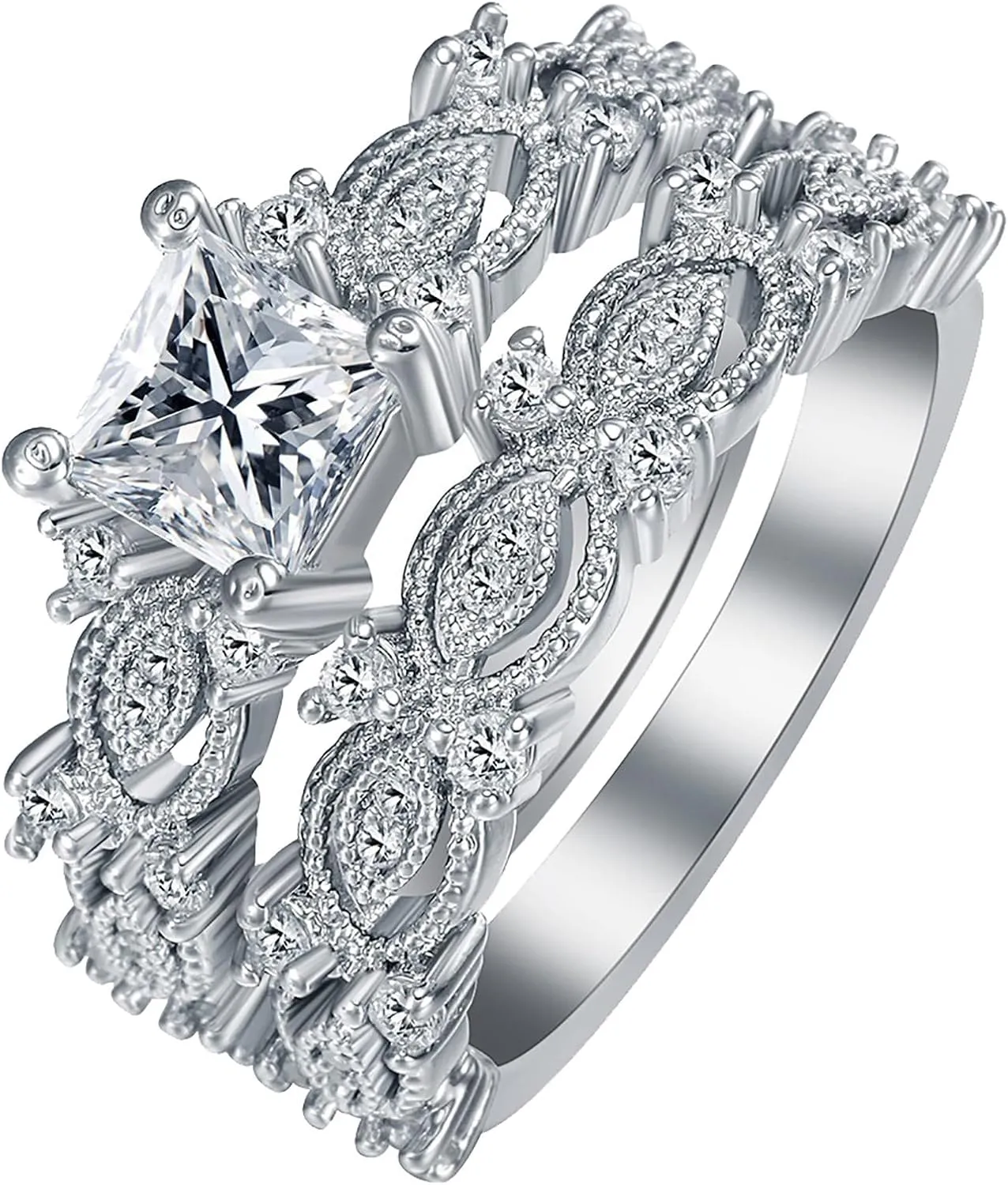 2Pcs Cubic Zirconia Rings Set for Lady Simulated Diamond Engagement Rings Rhinestone Proposal Rings Elegant (Silver, 10)