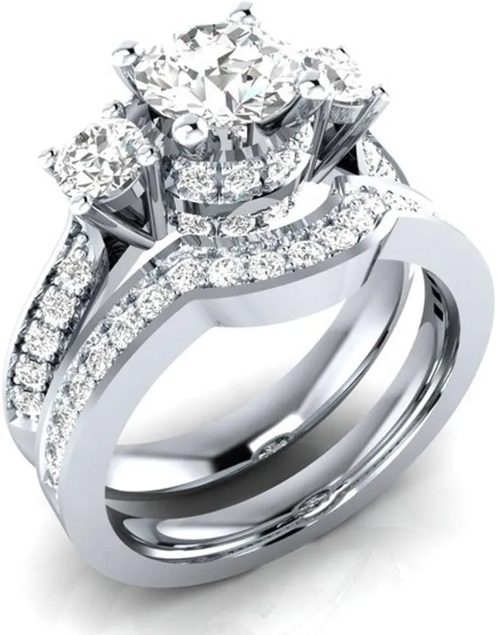 2Pcs Cubic Zirconia Rings Set for Womens Rhinestone Bridal Wedding Bands Solitaire Proposal Rings Lady (Silver, 6)
