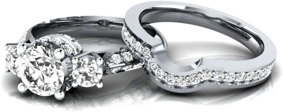 2Pcs Cubic Zirconia Rings Set for Womens Rhinestone Bridal Wedding Bands Solitaire Proposal Rings Lady (Silver, 6)