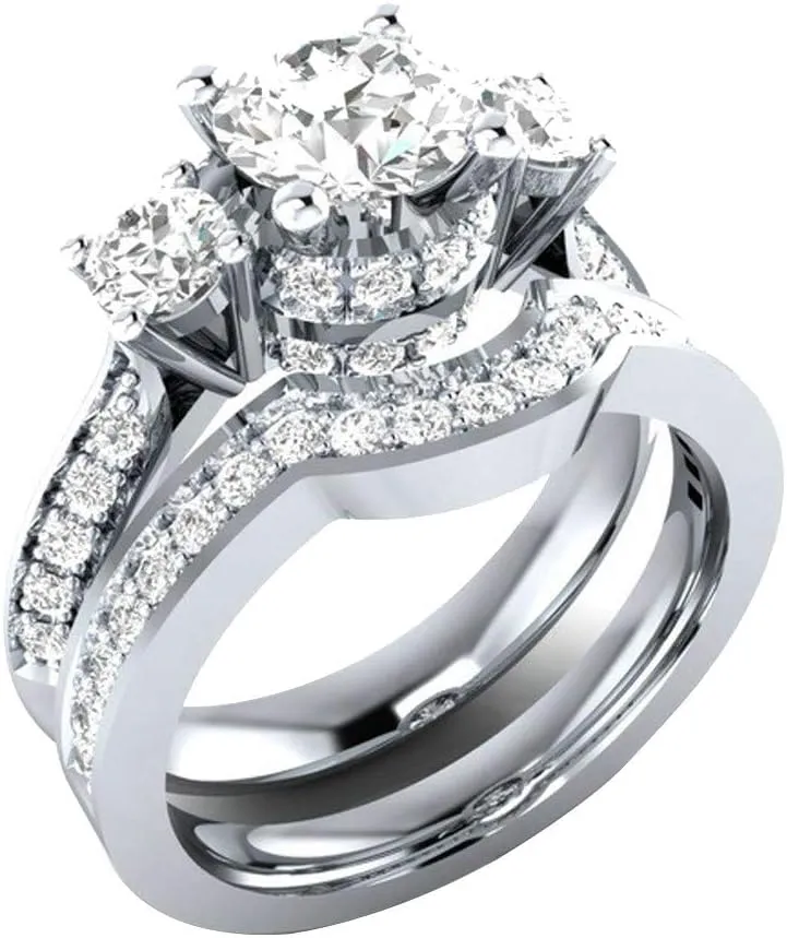 2Pcs Cubic Zirconia Rings Set for Womens Rhinestone Bridal Wedding Bands Solitaire Proposal Rings Lady (Silver, 6)