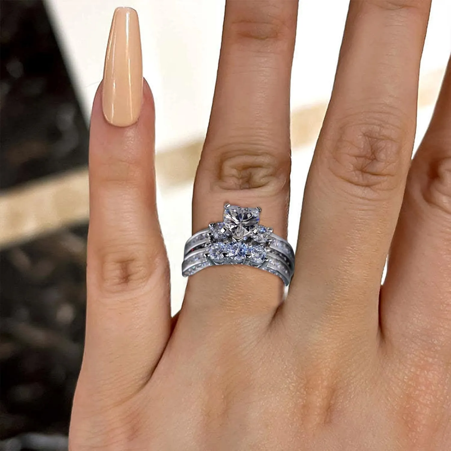 2pcs Cubic Zirconia Wedding Band for Women Stackable Diamond Engagement Ring Exquisite Boho Promise Ring Set Lady (Silver, 5)