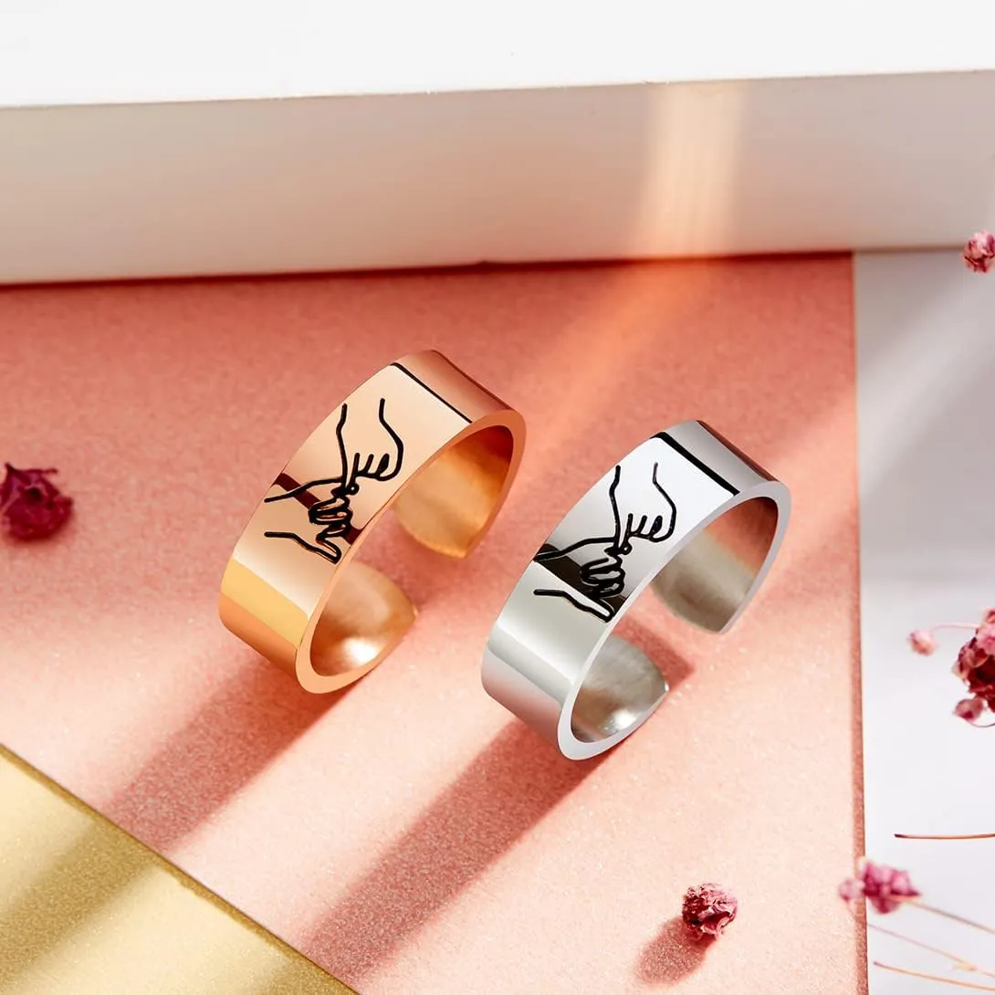 2Pcs Pinky Swear Adjustable Ring for 2 Best Friends Bestie Gift Hand Gestures Pinky Promise Stacking Ring Sisters BFF Gift