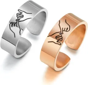 2Pcs Pinky Swear Adjustable Ring for 2 Best Friends Bestie Gift Hand Gestures Pinky Promise Stacking Ring Sisters BFF Gift