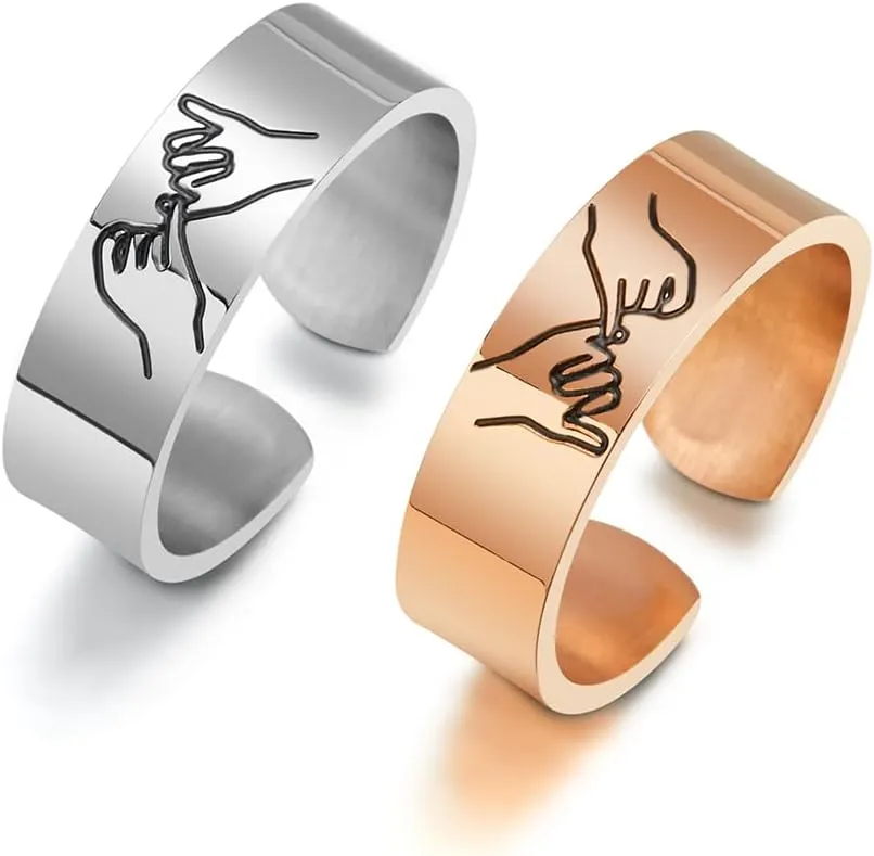 2Pcs Pinky Swear Adjustable Ring for 2 Best Friends Bestie Gift Hand Gestures Pinky Promise Stacking Ring Sisters BFF Gift