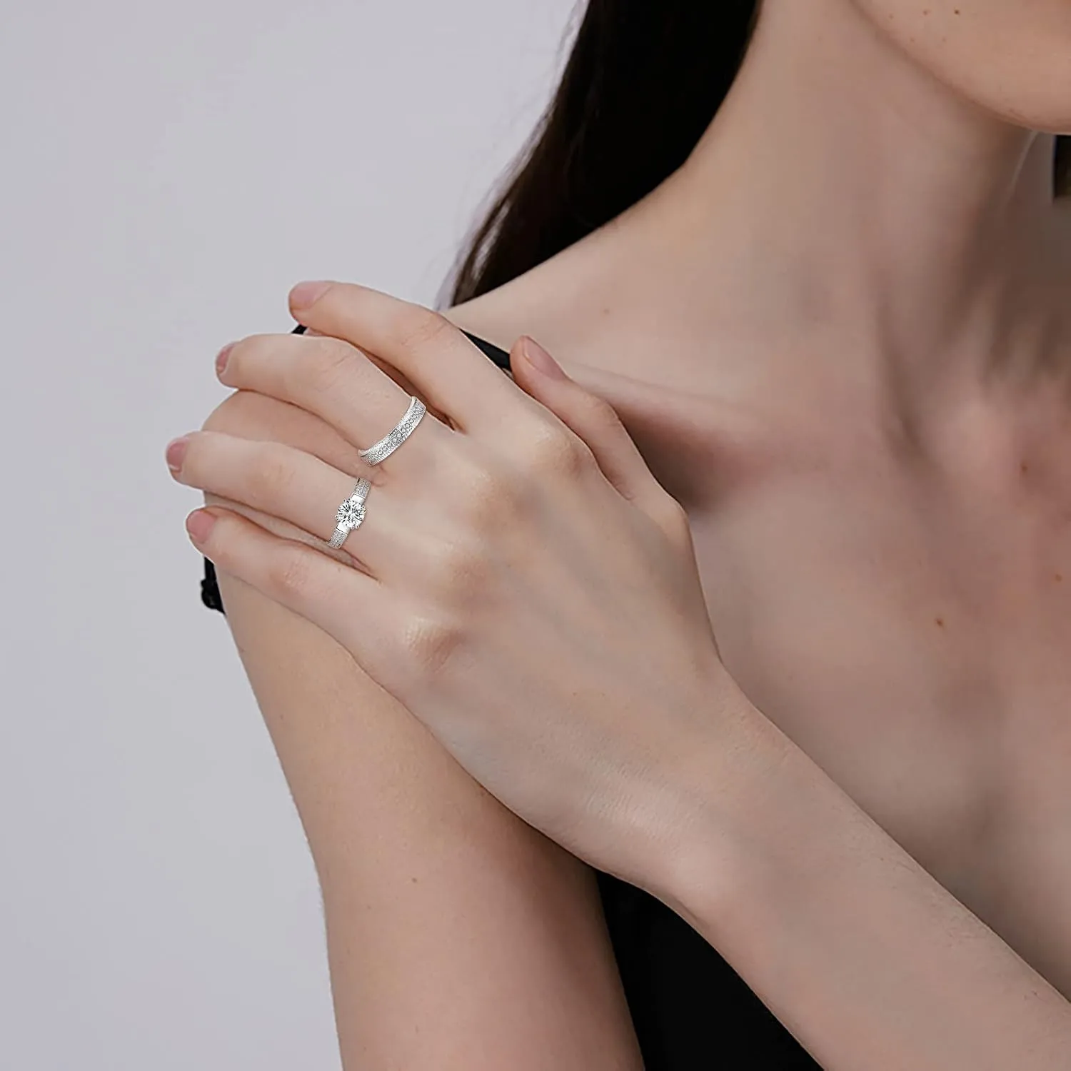 2pcs Simulated Diamond Rings Set for Women Inlaid Zircon Stackable Ring Engagement Ring Wedding Band (Silver, 9)