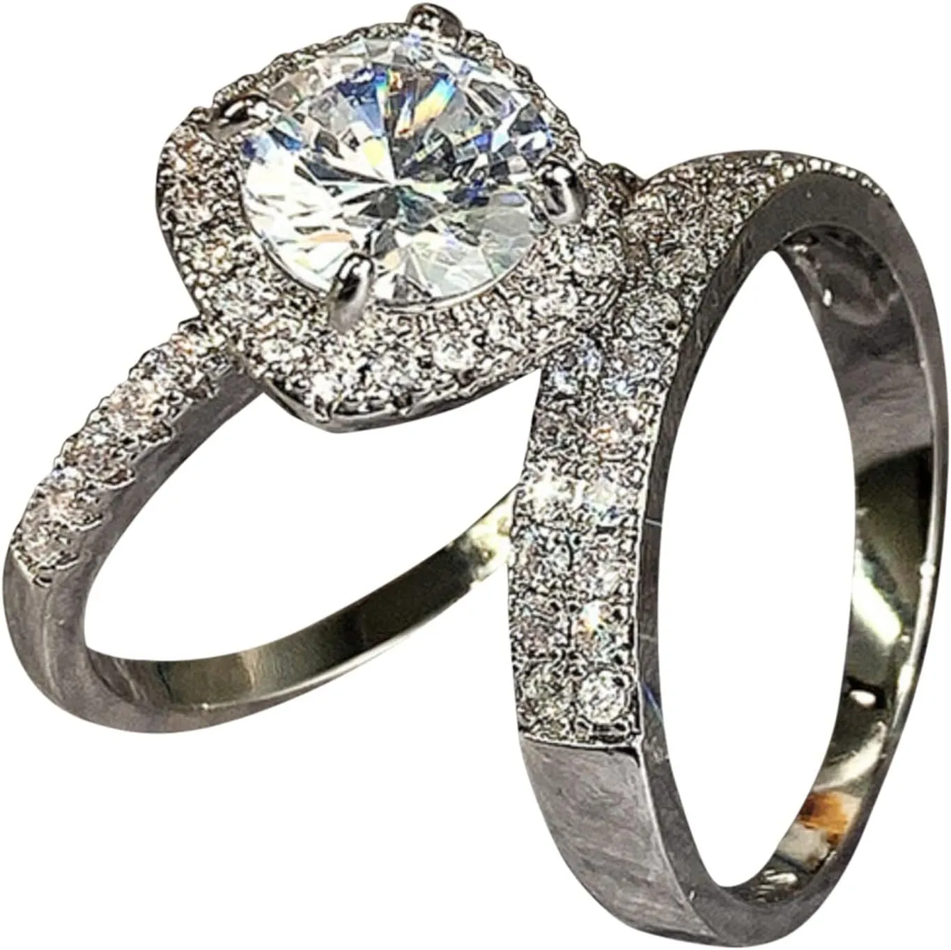 2pcs Simulated Diamond Wedding Band Set for Bride Engagement Ring Stackable Ring for Women Exquisite Jewelry (Silver, 10)