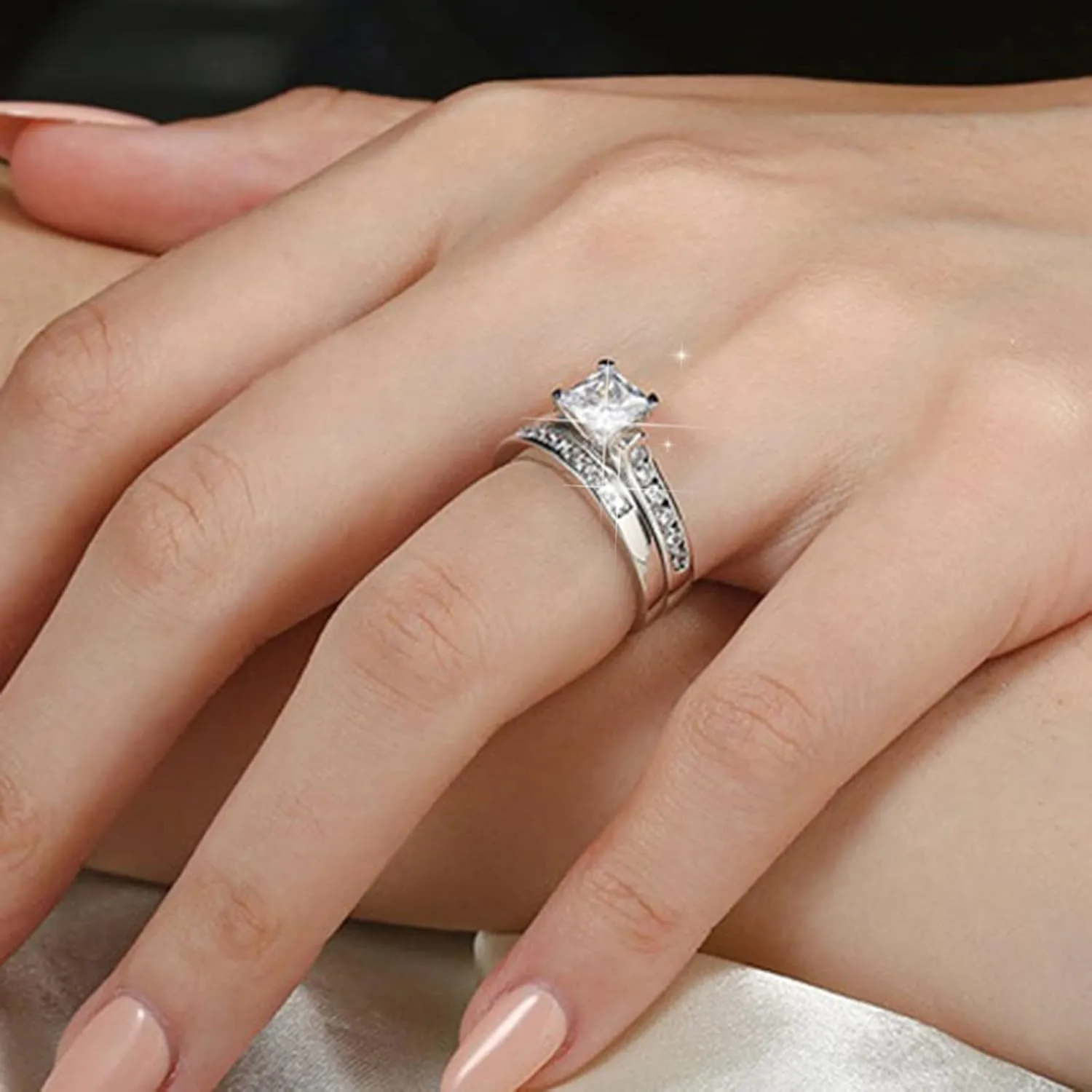 2Pcs Square Zircon Engagement Ring Set Bride Wedding Band Anniversary Ring for Women Exquisite Jewelry (Silver, 8)