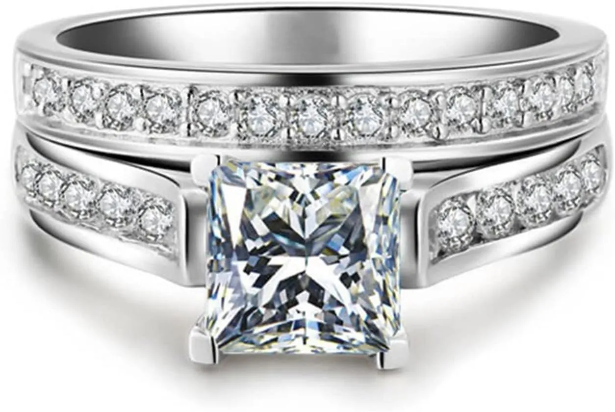 2Pcs Square Zircon Engagement Ring Set Bride Wedding Band Anniversary Ring for Women Exquisite Jewelry (Silver, 8)