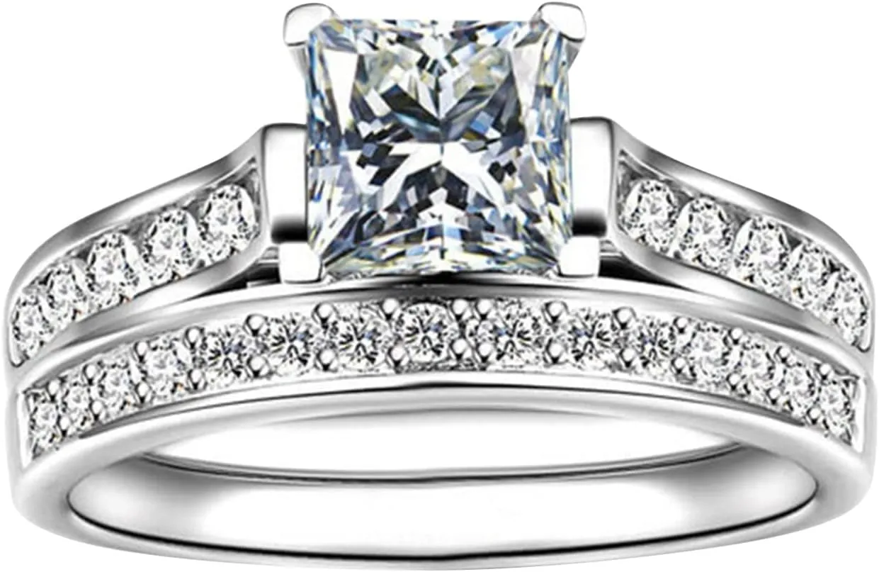 2Pcs Square Zircon Engagement Ring Set Bride Wedding Band Anniversary Ring for Women Exquisite Jewelry (Silver, 8)