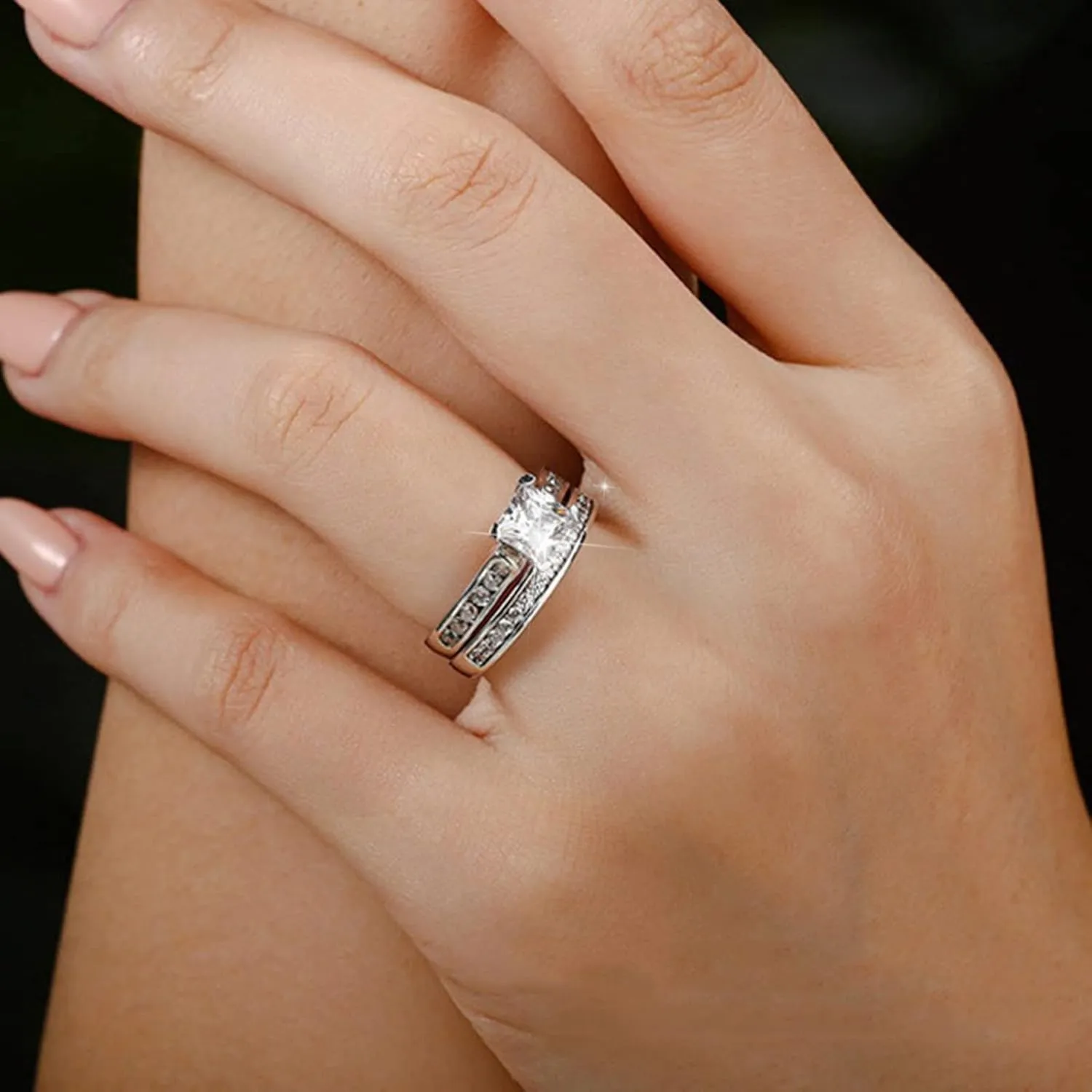 2Pcs Square Zircon Engagement Ring Set Bride Wedding Band Anniversary Ring for Women Exquisite Jewelry (Silver, 8)