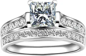 2PCS Square Zircon Ring Set Stackable Rings for Women CZ Simulated Diamond Engagement Ring Bride Wedding Band (Silver, 9)