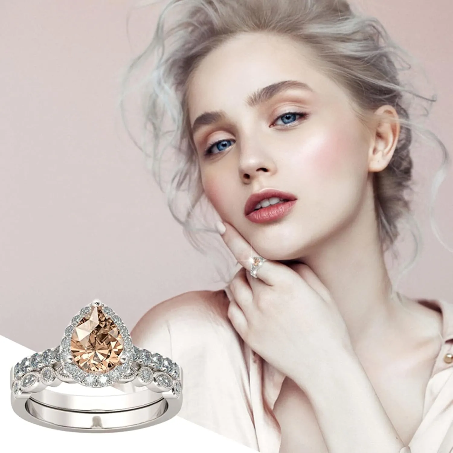 2Pcs Water Drop Solitaire Rings Set for Womens Cubic Zirconia Bridal Rings Rhinestone Engagement Rings Lady (Gold, 6)
