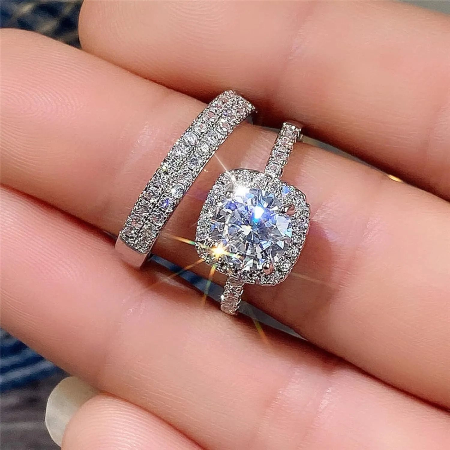2pcs Women Inlaid Zircon Wedding Band Simulated Diamond Eternal Ring Exquisite Anniversary Ring Elegant Jewelry (Silver, 7)