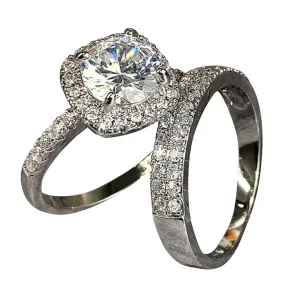 2pcs Women Inlaid Zircon Wedding Band Simulated Diamond Eternal Ring Exquisite Anniversary Ring Elegant Jewelry (Silver, 7)