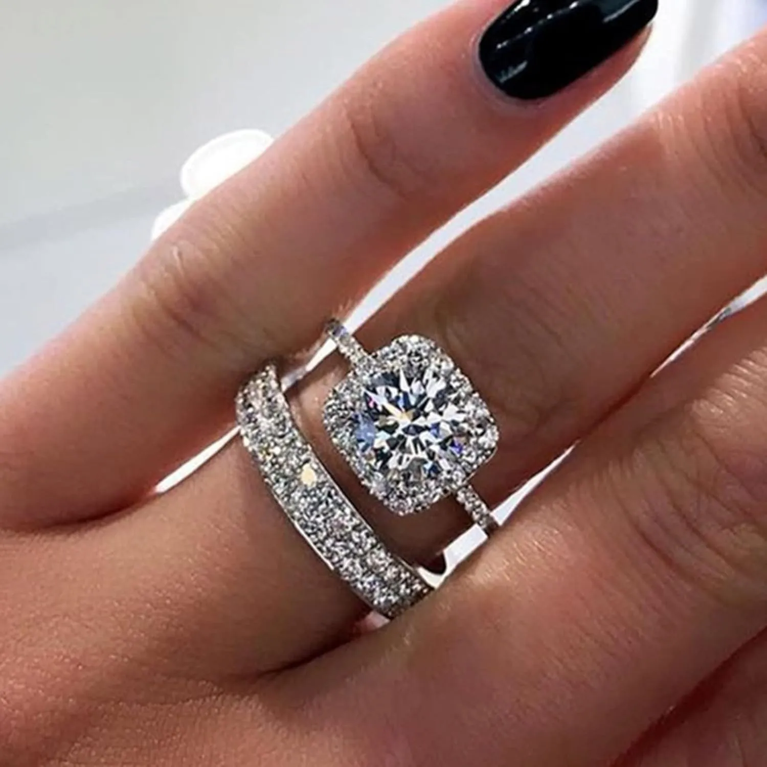 2pcs Women Inlaid Zircon Wedding Band Simulated Diamond Eternal Ring Exquisite Anniversary Ring Elegant Jewelry (Silver, 7)