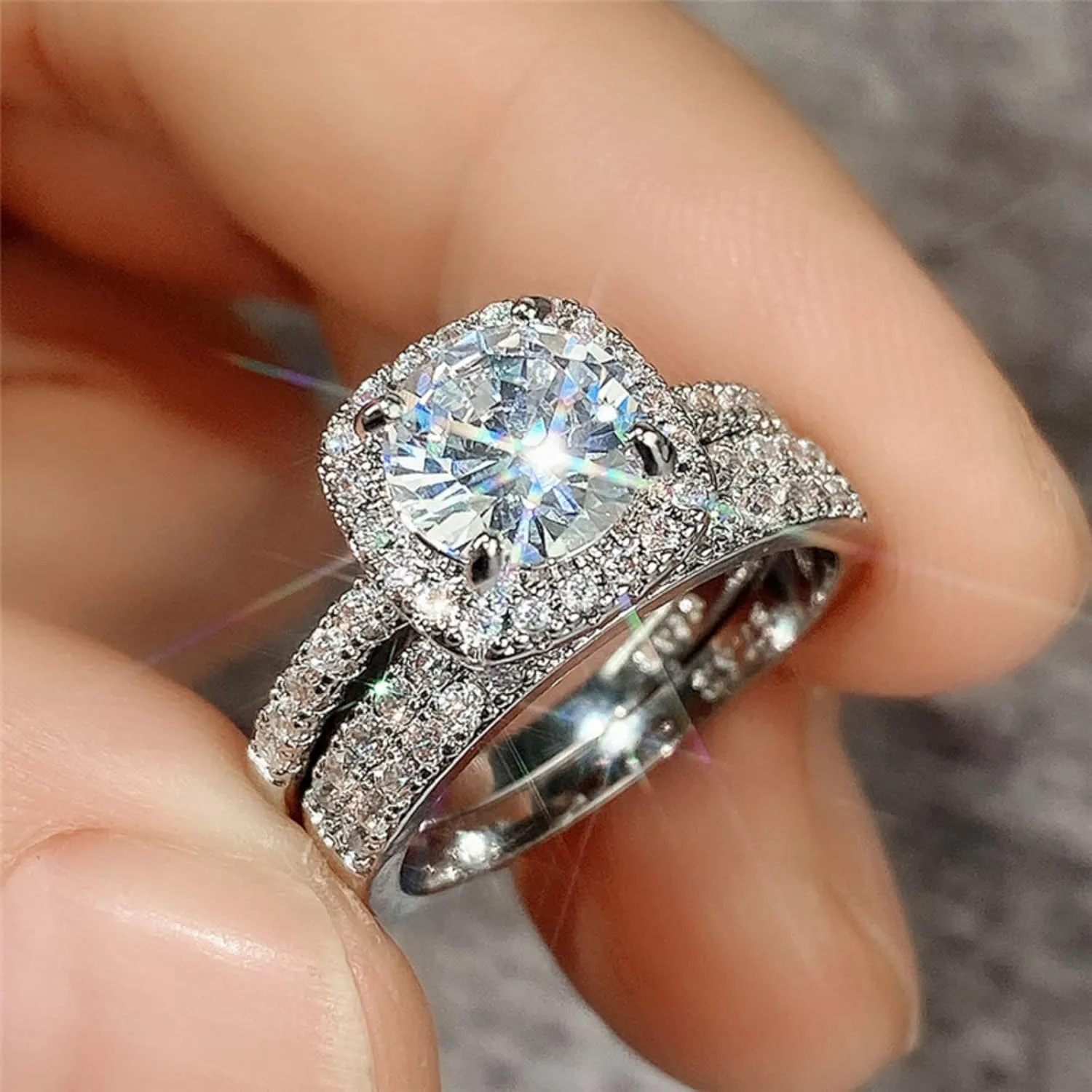 2pcs Women Inlaid Zircon Wedding Band Simulated Diamond Eternal Ring Exquisite Anniversary Ring Elegant Jewelry (Silver, 7)