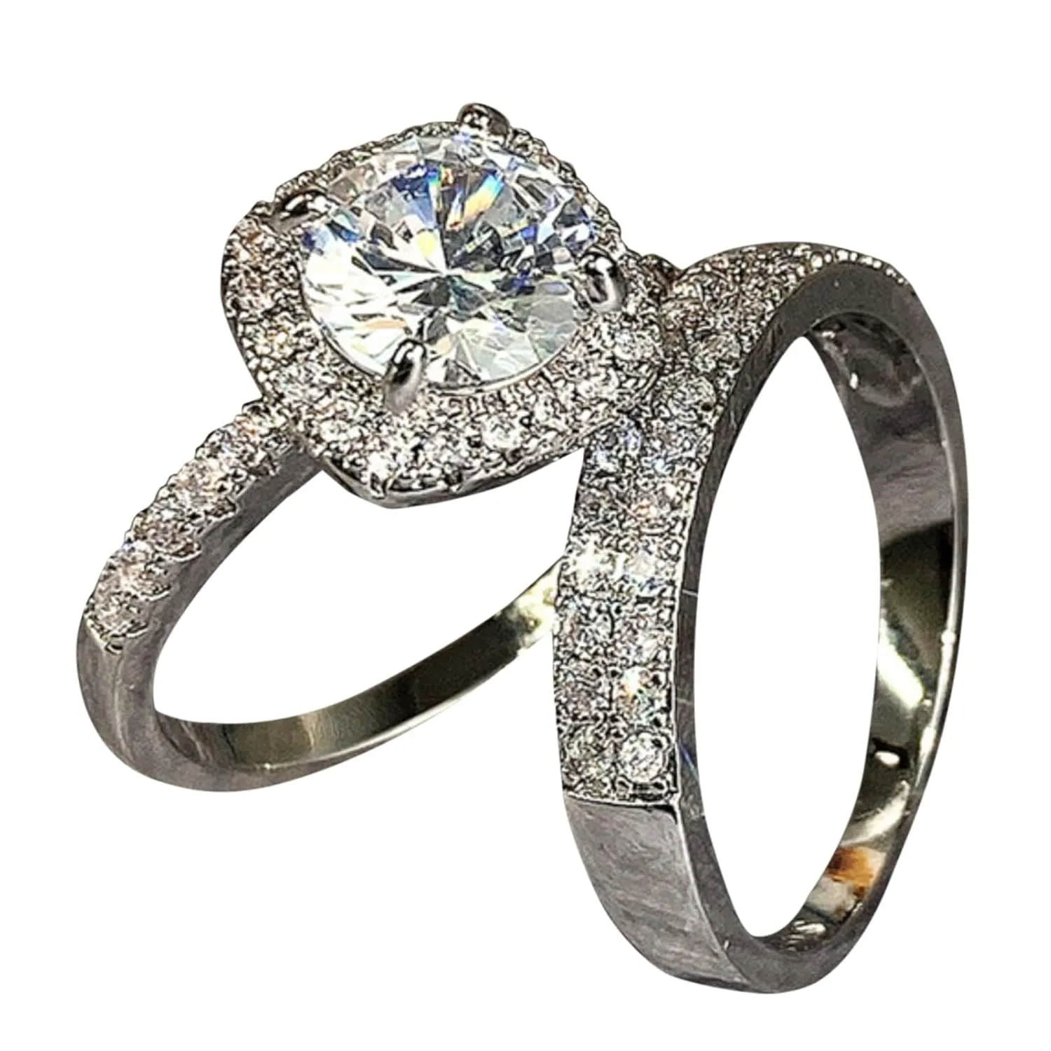 2pcs Women Inlaid Zircon Wedding Band Simulated Diamond Eternal Ring Exquisite Anniversary Ring Elegant Jewelry (Silver, 7)