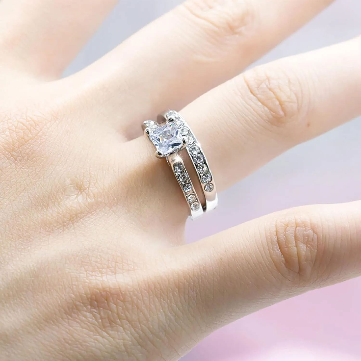 2PCS Women Square Zircon Ring Set Simulated Diamond Wedding Band Engagement Ring Stackable Ring (Silver, 8)