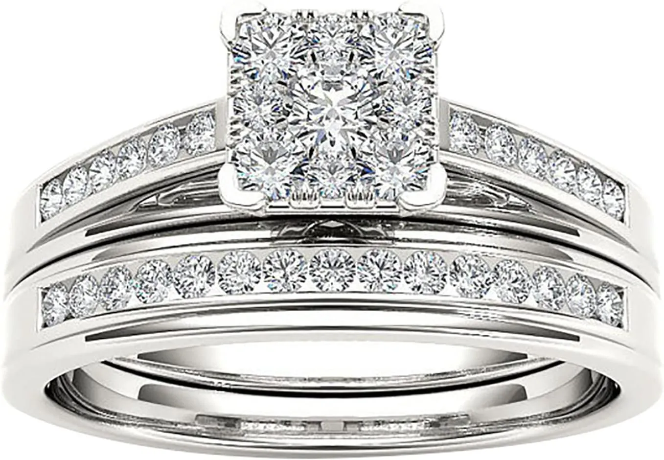 2PCS Women Square Zircon Ring Set Simulated Diamond Wedding Band Engagement Ring Stackable Ring (Silver, 8)