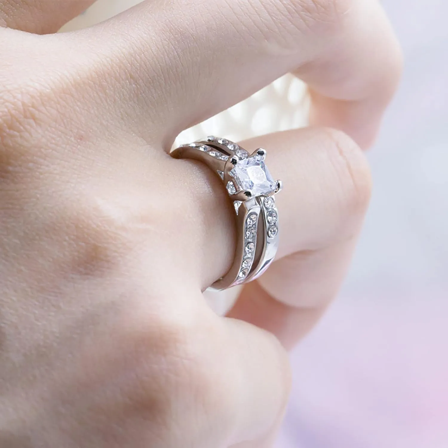 2PCS Women Square Zircon Ring Set Simulated Diamond Wedding Band Engagement Ring Stackable Ring (Silver, 8)