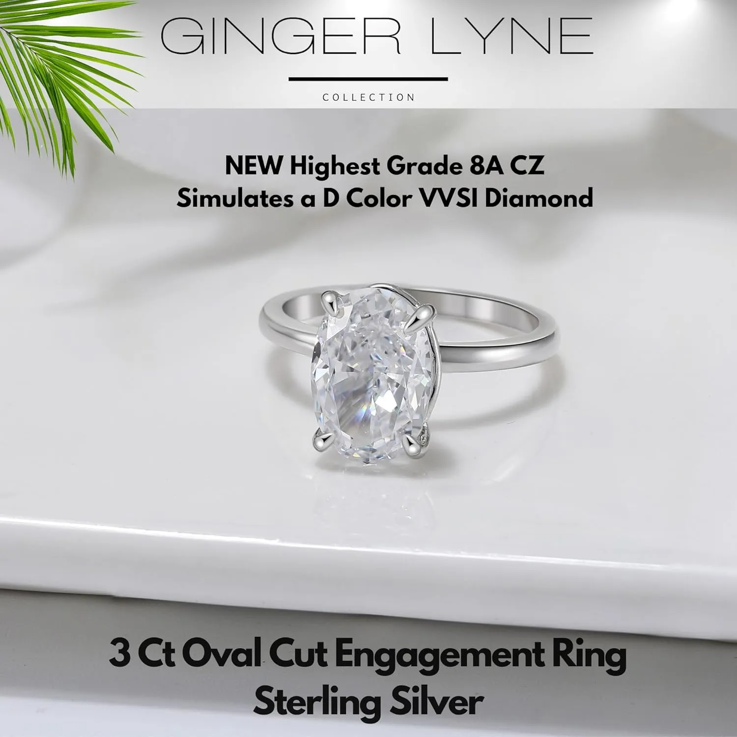 3 Carat Oval Black Engagement Rings for Women by Ginger Lyne | Cubic Zirconia Wedding Rings for Women Sterling Silver | Large Fake Diamond Engagement | Travel CZ Simulated Diamond Promise or Bridal